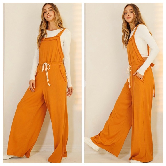 07 Boho Ribbed Knit Wide Leg Tie at Waist Jumpsuit - Picture 5 of 5